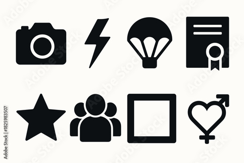 Set of minimalist black icons featuring camera, parachute, and heart symbol
