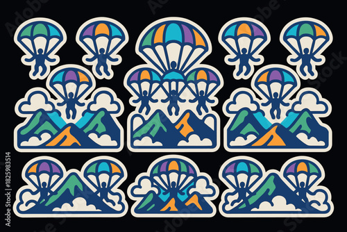 Vibrant parachute adventures over mountains with colorful clouds