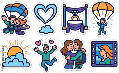 Skydiving adventure and romantic moments in colorful cartoon stickers