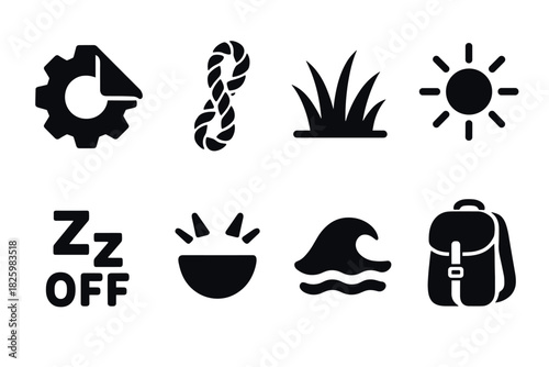 Collection of various silhouette icons including gear, rope, grass, sun, and backpack