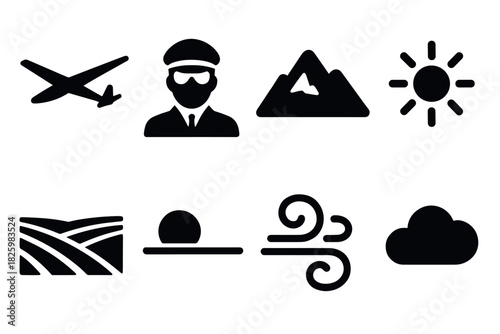 Aviation icons set featuring pilot, airplane, mountains, and weather symbols