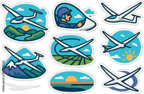 Colorful sticker set featuring gliders and scenic landscapes with minimalist design