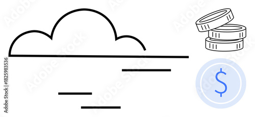 Cloud outline, stacked coins, and currency icon suggesting financial growth, technology, and investment. Ideal for finance, technology, innovation, digital currency cloud services fintech savings