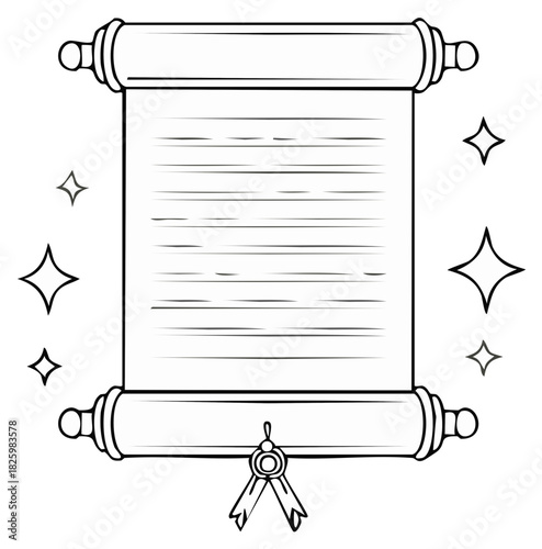 Magical unfurled scroll with ornate seal and ribbon an enchanting message outline illustration