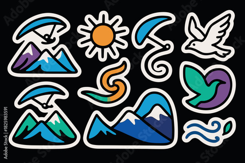 Colorful nature inspired stickers with mountains, paragliding, and bird designs