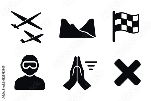 Silhouette icons: aviation, mountains, race flag, pilot, prayer, cancel