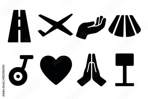 Set of black silhouette icons: transport, heart, hands, cone, and more