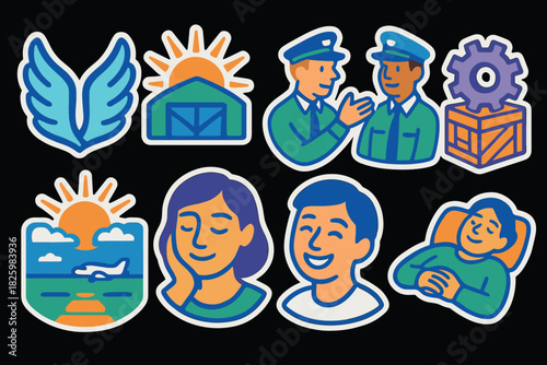 Colorful aviation stickers featuring pilots, airplanes, and sun
