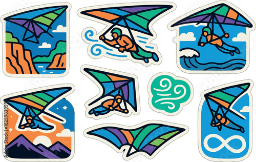 Colorful hang gliding stickers with scenic backgrounds and sky elements