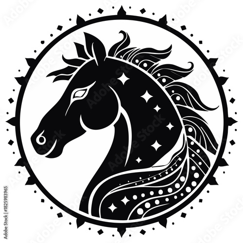 Dramatic horse head emblem in black and white encircled with stars and dots in a stylized celestial design