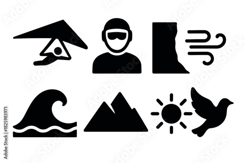 Outdoor adventure icons: hang gliding, climbing, surfing, and nature elements