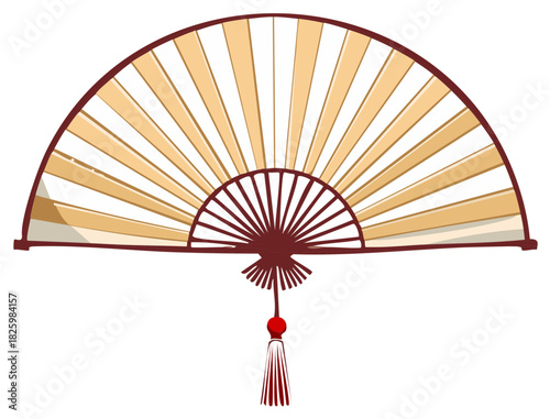 Vector illustration of a traditional Asian folding hand fan with a decorative red tassel