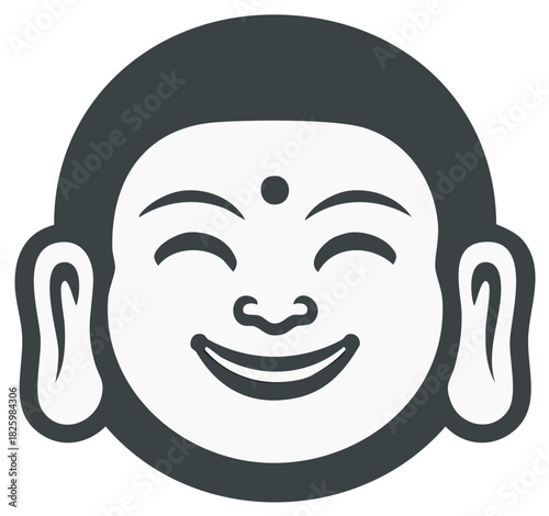 Joyful Buddhist Monk Face Icon with Closed Eyes and Gentle Smile