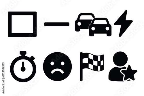Black icon pack featuring cars, stopwatch, emotions, and flag silhouettes
