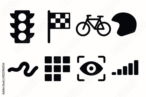 Simple icon set: traffic light, checkered flag, bicycle, helmet, and functional symbols