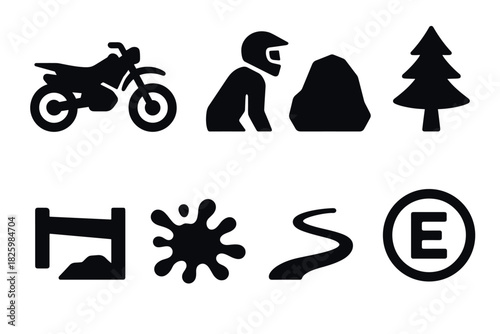 Off-road adventure icons: motorbike, rider, nature elements, and symbols