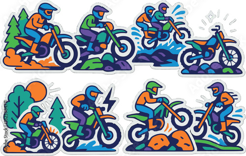 Retro colorful motocross stickers featuring riders on dirt bikes in action