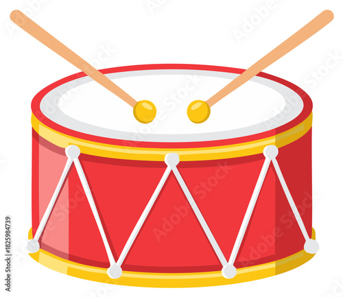 Red Toy Drum with Drumsticks Musical Instrument Childhood Play Fun Illustration