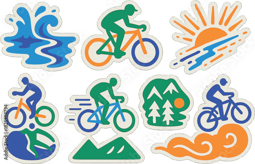 Colorful cycling and nature sticker set featuring outdoor adventure icons