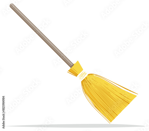 Single yellow broom with wooden handle angled diagonally across a white background