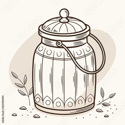 Decorative Lidded Jar with Handle and Botanical Accents in Line Art Style
