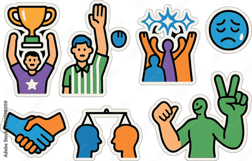 Fototapeta premium Colorful icons of people celebrating, competing, and collaborating in a sticker design