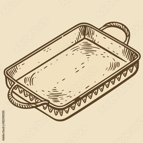 HandDrawn Rectangular Baking Dish with Decorative Edge and Rope Handles