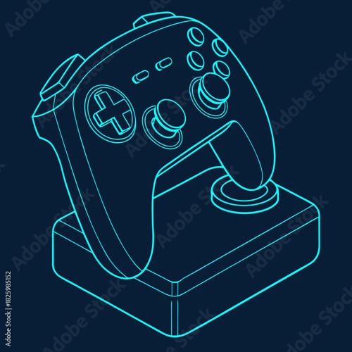 Isometric Neon Blue Outline of a Modern Gaming Controller on a Base