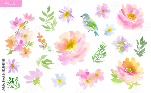 Watercolor floral clipart set featuring abstract hand painted pastel pink peonies, purple wildflowers, leaves, and a little bird, perfect for patterns, stationery, and greeting cards. Vector file.