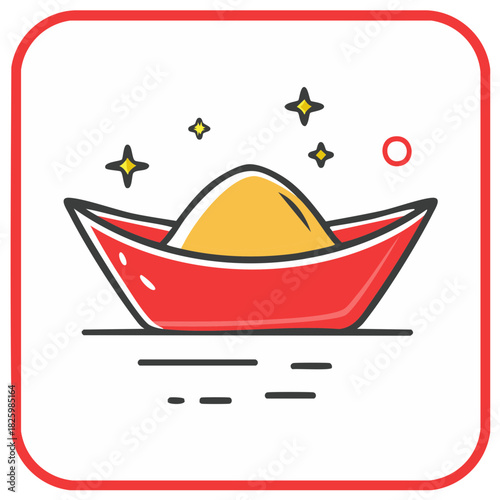 Traditional red Chinese gold ingot yuanbao icon with sparkles representing wealth and prosperity