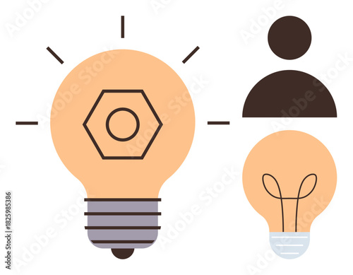 Glowing lightbulb symbolizing innovation, hexagonal detail, person profile, additional lightbulb. Ideal for creativity, collaboration, leadership, brainstorming ideas inspiration teamwork. Simple