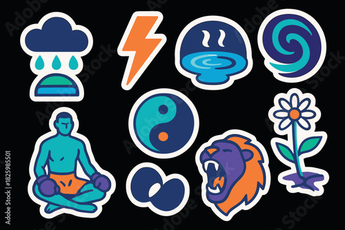 Vibrant sticker collection with yoga, nature, and energy symbols on black background