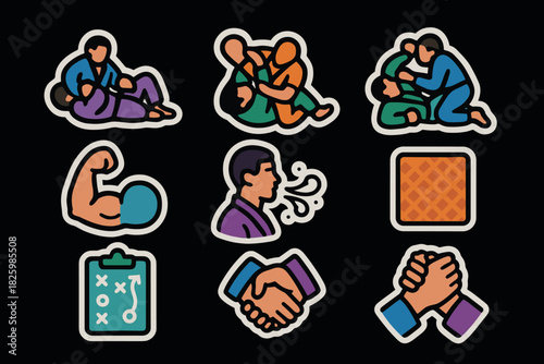 Colorful grappling and fitness icons set for sports enthusiasts