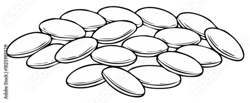 Cluster of Oval Shape Tablets or Pills in Black and White Outline Style