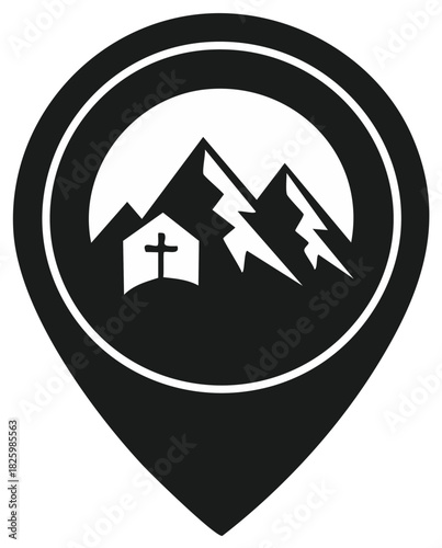 Christian church building with cross inside mountains at destination marker icon