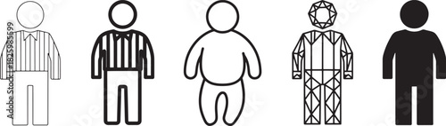 Diverse human icons set: outline referee, bold, chubby, geometric faceted, and solid silhouette figures for modern interface design. Vector