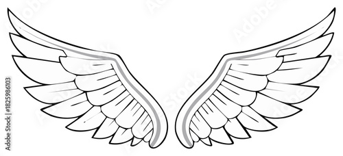 Spread Angel Wings with Feathers Black and White Line Art Illustration