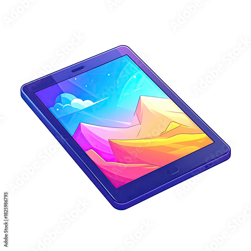 Tablet showing vibrant landscape, angled
