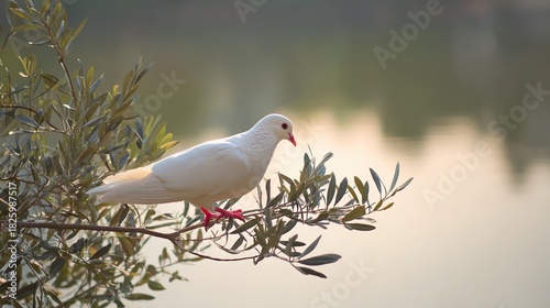 infamy. White dove perched on olive branch against calm lake at dawn. wildlife magazines, conservation campaigns, designed for wildlife conservation campaigns, used by retail merchandisers.