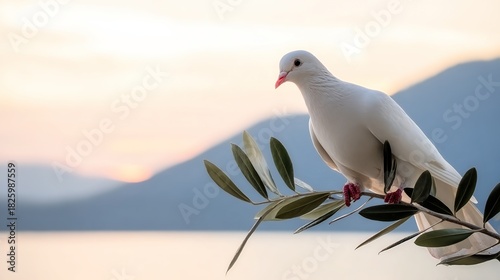 infamy. White dove perched on olive branch against calm lake at dawn. wildlife magazines, conservation campaigns, designed for wildlife conservation campaigns, used by retail merchandisers.