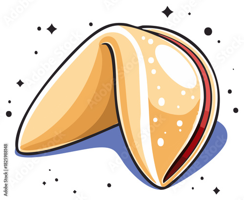 Stylized cartoon fortune cookie illustration with magical sparkles and a hidden message