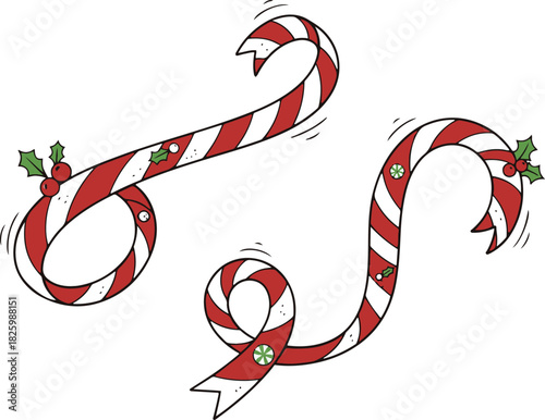 A festive flat vector illustration of two curling red and white striped candy cane ribbons decorated with holly leaves and berries,