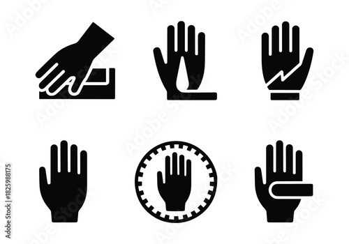 Set of six black hand icons representing various actions and warnings in a clean graphic design style hand, icon, set, collection, symbol, graphic, design, illustration, black, white, vector, warning
