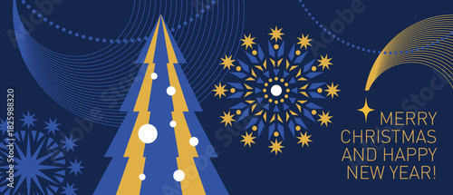 Christmas elegance decoration, horizontal christmas banner with snowflakes, christmas star and decorative geometric elements	
