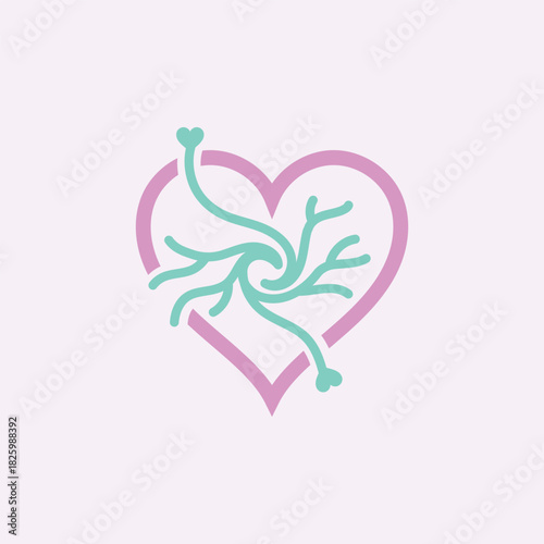 Stylized heart outline with intricate branching neural network inside on pale background