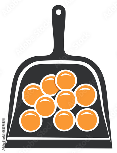Graphic illustration of a dustpan filled with many bright orange eggs symbolizing a messy kitchen cleanup