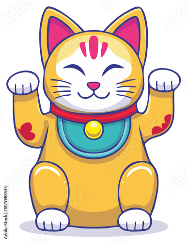 Colorful Maneki Neko lucky cat illustration with waving paw bringing good fortune prosperity and happiness