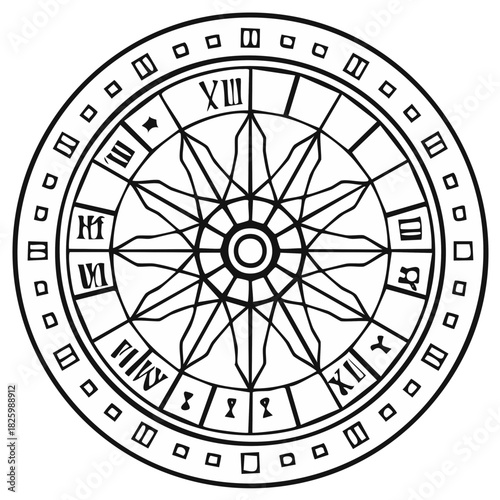 Ancient mystical circular chart with Roman numerals and starburst esoteric symbolism line art