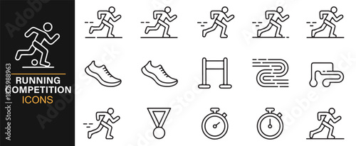 Minimal outline icons for marathon events, athletes, and sports equipment