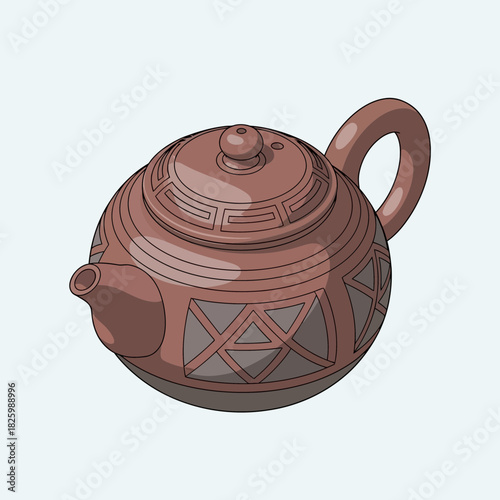 Artistic illustration of a brown teapot with geometric decorations